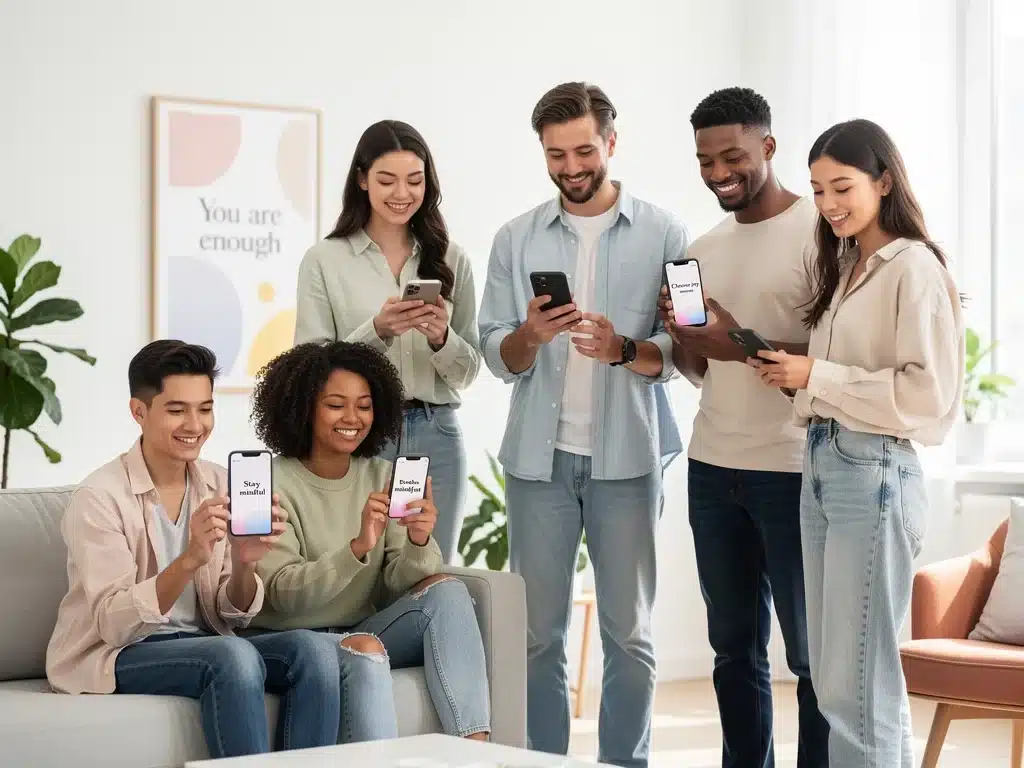 Diverse young adults confidently using social media with positive body image messages