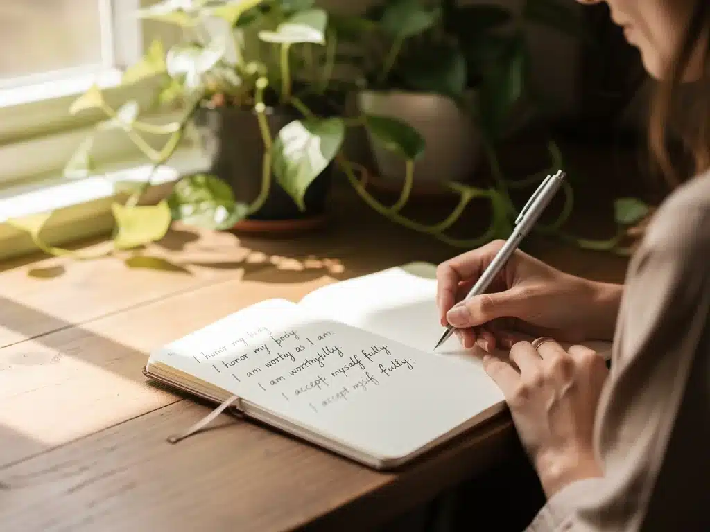 Writing daily affirmations for body positivity in a journal